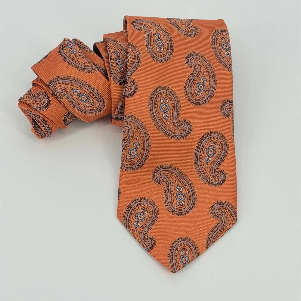 Brooks Brothers Necktie Men OS Orange Paisley Silk Classic Preppy USA Made NYC